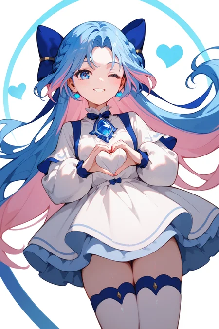 (score_9,score_8_up,score_7_up,),<lora:shume-000020:0.9>,shume,multicolored hair,long hair,pink hair,hair bow,parted bangs,blue eyes,blue hair,white thighhighs,white dress,braid,heart hands,cowboy_shot,wink,smile,