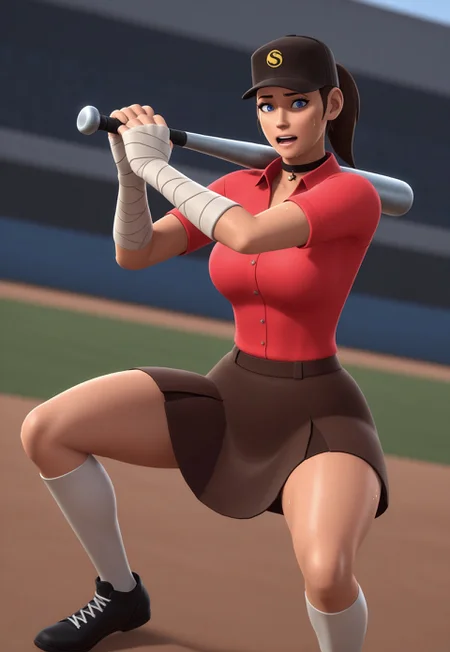 score_9, score_8_up, score_7_up, score_6_up,high quality,masterpiece,uhd,dramatic effect, art,((digital art)), 3D, team_fortress_2 style, masterpiece, best quality, beautiful face, beautiful eyes, detailed eyes, detailed face, very aesthetic, absurdres, perfect lighting, 1 girl, femscout_(team_fortress_2), source_engine_graphics, brown hair, blue eyes, ponytail, hat, headphone piece, ribbon, (kneesocks), handwraps, soccer shoes, medium breasts, (white legwear), (sweating), black footwear, (during baseball match), (cinematic shot), (cinematic angle), (brown skirt), (red shirt), (excited), (thick thighs), (holding baseball bat), (metal baseball bat), (baseball field), (cool pose:1.5), (choker), (close view)