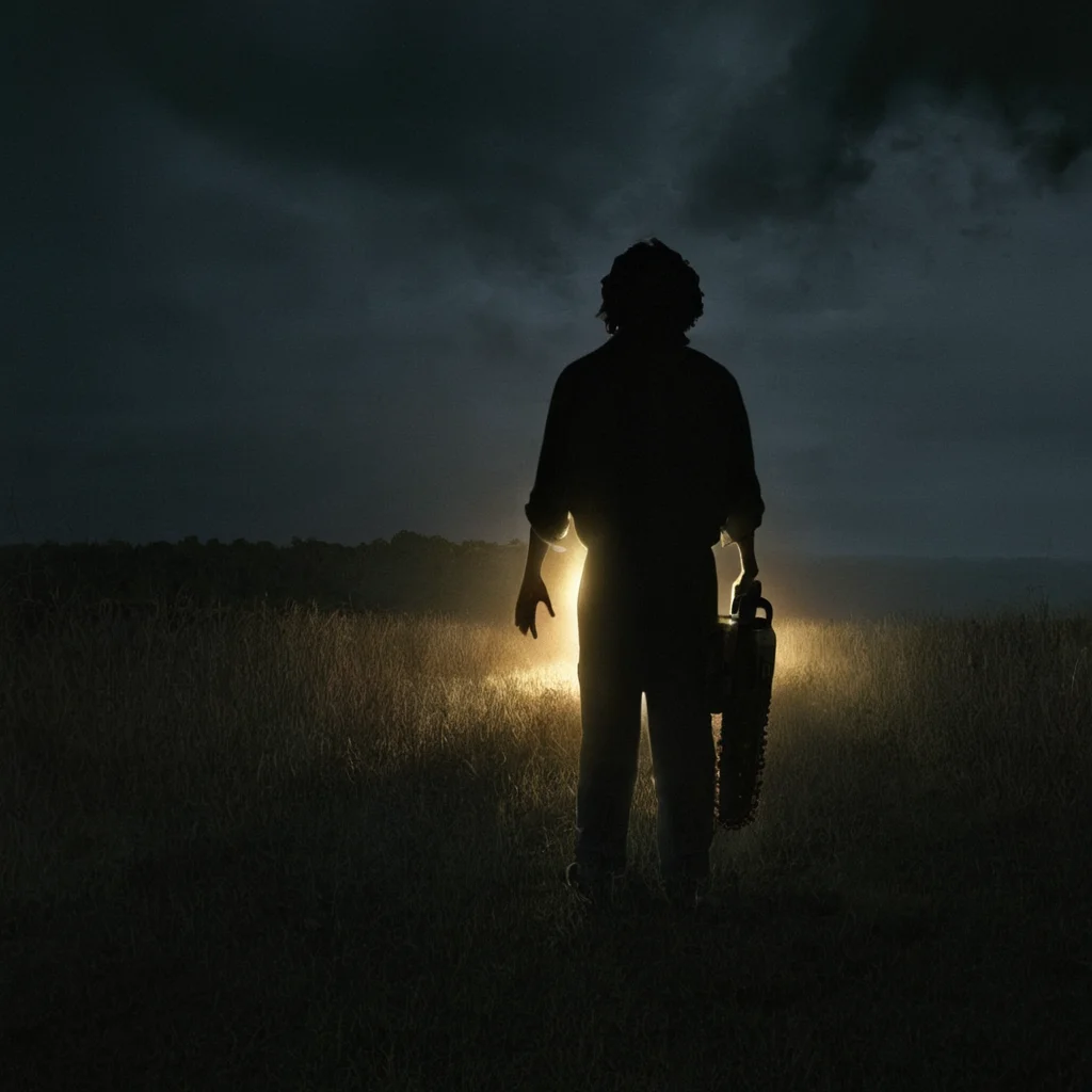 Horror-themed, <lora:Leatherface:1>
Leatherface a person standing in a field with a car in the background,The Texas Chain Saw Massacre style,solo,1boy,standing,outdoors,from behind,glowing,scenery,floating,walking,light,dark , realistic, sharp, detailed, classic, 1970's, horror, photography, artistic, perfect chainsaw, crazy, Eerie, unsettling, dark, spooky, suspenseful, grim, highly detailed