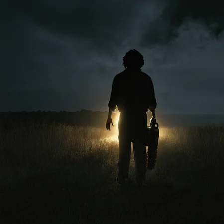 Horror-themed, <lora:Leatherface:1>
Leatherface a person standing in a field with a car in the background,The Texas Chain Saw Massacre style,solo,1boy,standing,outdoors,from behind,glowing,scenery,floating,walking,light,dark , realistic, sharp, detailed, classic, 1970's, horror, photography, artistic, perfect chainsaw, crazy, Eerie, unsettling, dark, spooky, suspenseful, grim, highly detailed