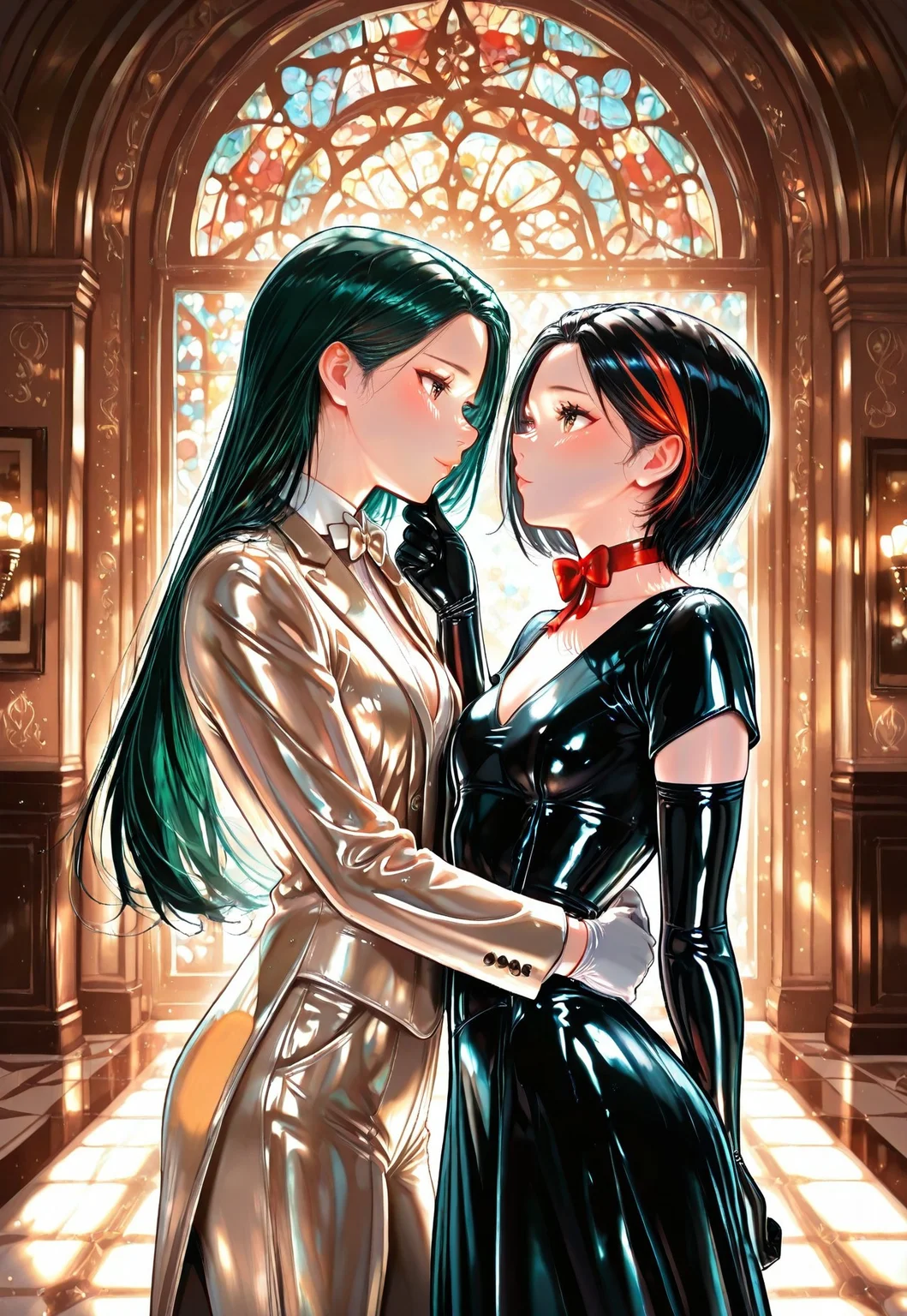 2girls, yuri,
(,(akariL, short hair, ((black hair)), red_streaked_hair, greenish_grey_pupils, red_iris,) is shy and look away. her hands are behind her back. (black long dress, red bow, black latex elbow gloves, small breasts),),
(,(midoriL, long hair, green hair, brown eyes) hug the other's girl from in front and hold her chin. (beige tuxedo suit, open collar, white gloves, small breasts),),
(wide shot, side view, cowboy shot), (ballroom, fancy, dazzling, multicolored background),
((masterpiece, best quality, absurdres)), ((detailed eyes)), high resolution, visual impact, high contrast, highly detailed, 4K, semi-realistic, detailed facial features, detailed clothing features, great anatomy, correct anatomy, uncensored,