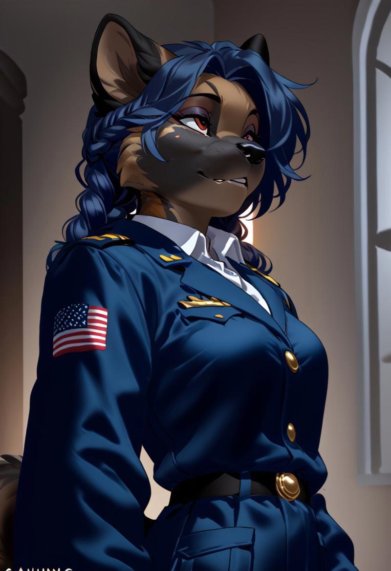 score_9, score_8_up, score_7_up, (by kittydee:1.5), (by jailbird:1.5), (by zummeng:1.5), masterpiece, best quality,  
(Furry Art: Anthro: American Akita:1.5), 1girl, expressive eyes, feminine eyes, perfect face, feminine face, dog, canine, curled tail, multicolored fur, black face fur, pointy dog ears, navy blue hair, braided twintail hair, medium breasts, hunting uniform,