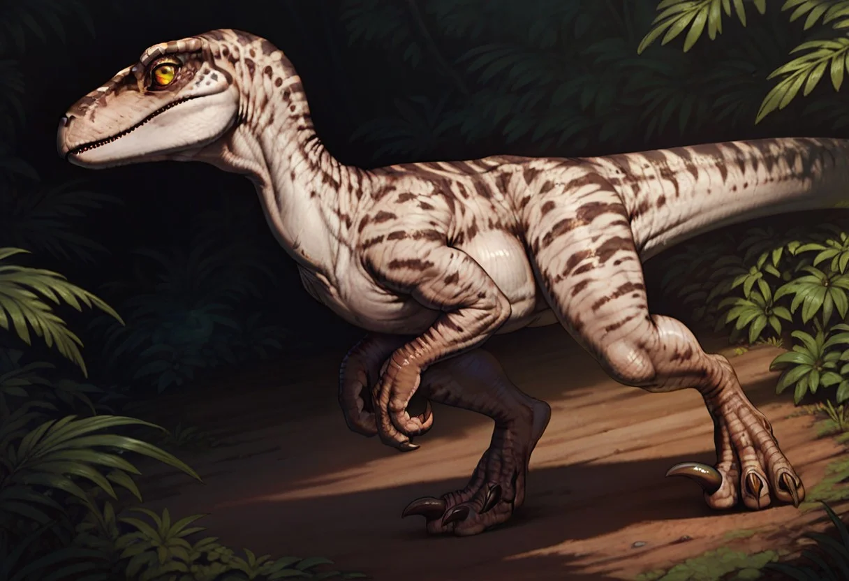 score_9_up, score_8_up, score_7_up, solo focus, full body, dynamic angle, velociraptor, dinosaur, claws, leg raptor, yellow eyes, white skin, jungle