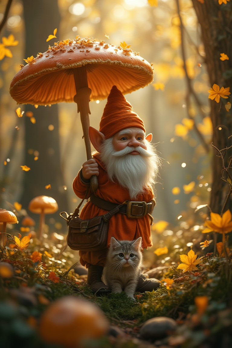 Abstract Lighting Effects, Hyperrealism, Midjourney Style, Photorealism, Cinematic, High Fidelity, Realism, Light Play,
"A scene in a magical forest with a small gnome who carries a huge fly agaric mushroom in the form of an umbrella. The gnome is dressed in a bright orange outfit with a long white beard, a red hat and a leather shoulder bag. Around him grow giant fly agarics and other mushrooms, creating a fairytale atmosphere. At his feet sits a fluffy cat with big eyes. Autumn, yellow leaves swirl around, the light is soft and golden, with bokeh in the background. Fantasy, detailed scene with warm lighting and soft shadows.