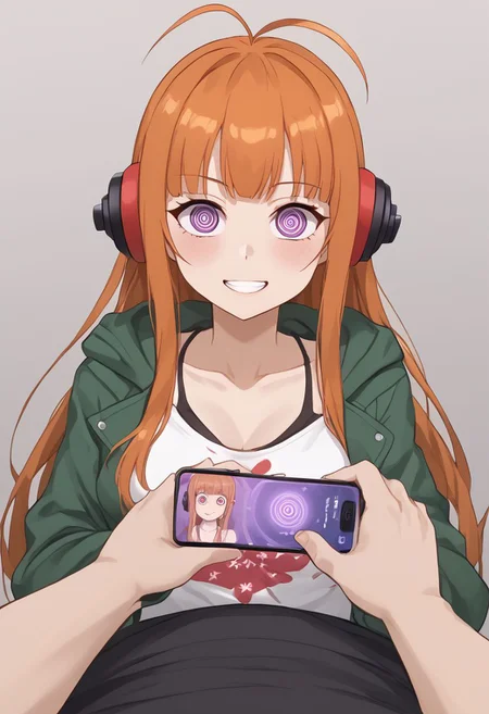 Futaba hypnotized,
score_9, source anime, lewd, 1girl,
mind control, (hypnotized), spiral eyes, expressionless, slightly drooling, happy trance,
boobheart, heart hands Press own breast, (mind control phone app), looking at phone, pov, pov holding phone,
futaba sakura, orange hair, long hair, purple eyes, ahoge, behind-the-head headphones, green jacket,