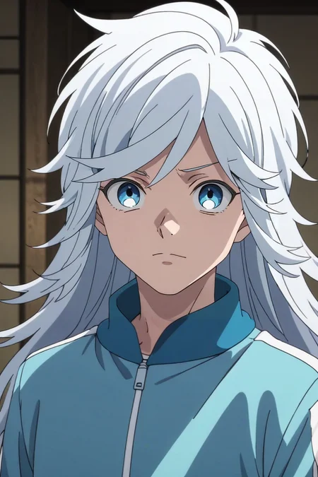 score_9, score_8_up, score_7_up, , rating_safe, intricate details, anime screencap, , , looking at viewer, , 1boy, solo, male focus, <lora:akira_kemono_jihen_pony:0.76>, akira_kemono_jihen, white hair, blue eyes, long hair, bangs, , sweatshirt,, <lora:sdxl_lightning_8step_lora:1>