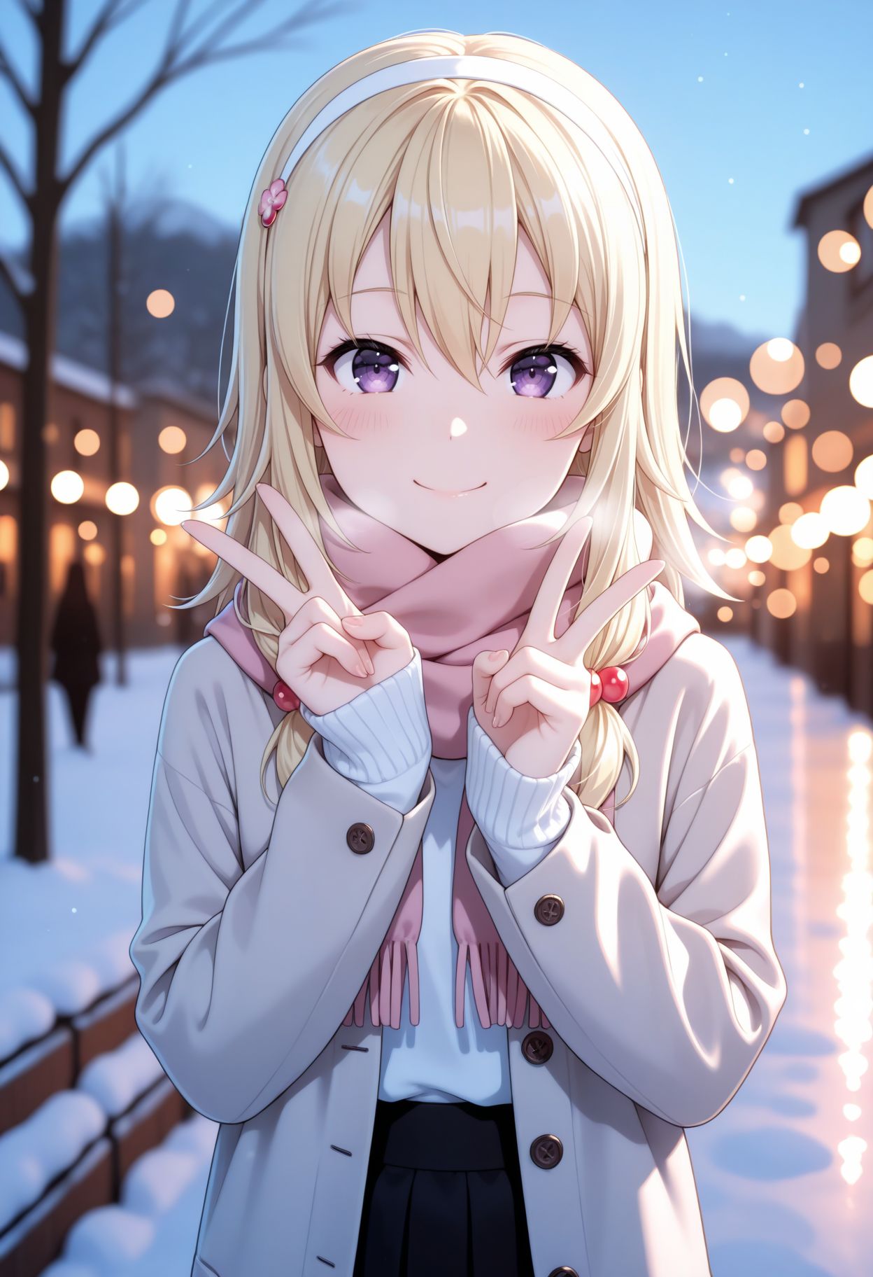 masterpiece,best quality,absurdres,highres,very aesthetic,high quality,detailed,insanely detailed,beautiful,perfect lighting, ,depth of field,blurry background,bokeh, looking at viewer, 
<lora:Reo Wakasa illu:1> 1girl, blonde hair, purple eyes, hair ornament, hairband, long hair, hair bobbles, 
sweater, long skirt, outdoors, scarf, winter, smile, blush, upper body, v sign,