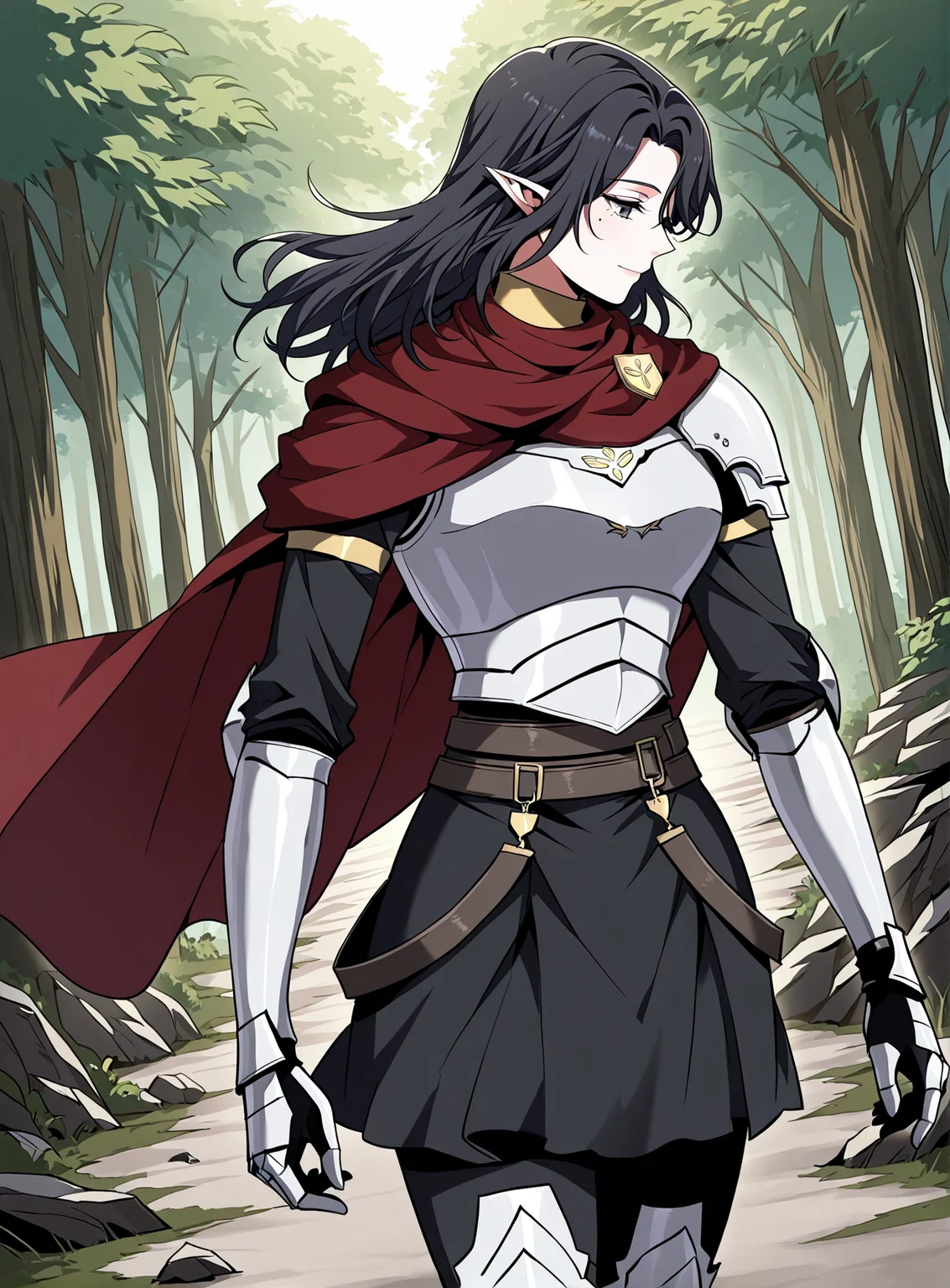 <lora:Aya_Grephin__The_Beginning_After_the_End__Illustrious:1>
1 girl, solo, female elf, medium length black hair, pointed ears, mole under left eye, black eyes,
dark red cape, red scarf, golden crest, white chest armor, silver gauntlets, armored gloves, black undershirt, dark skirt armor, waist belts, thigh armor, armored boots, cloak fluttering, fantasy knight outfit, fantasy style
score_9, score_8_up, score_7_up, very aesthetic, source_anime, detailed, high quality, beautiful, masterpiece, detailed eyes, forest, tree, ruins, cowboy shot, dynamic angle, upper body, light smile, dynamic pose
