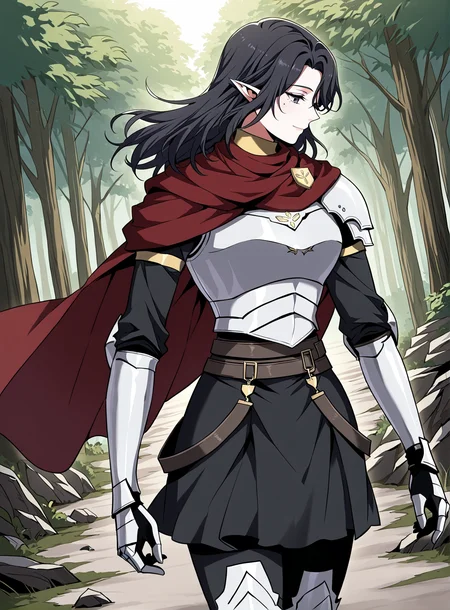 <lora:Aya_Grephin__The_Beginning_After_the_End__Illustrious:1>
1 girl, solo, female elf, medium length black hair, pointed ears, mole under left eye, black eyes,
dark red cape, red scarf, golden crest, white chest armor, silver gauntlets, armored gloves, black undershirt, dark skirt armor, waist belts, thigh armor, armored boots, cloak fluttering, fantasy knight outfit, fantasy style
score_9, score_8_up, score_7_up, very aesthetic, source_anime, detailed, high quality, beautiful, masterpiece, detailed eyes, forest, tree, ruins, cowboy shot, dynamic angle, upper body, light smile, dynamic pose