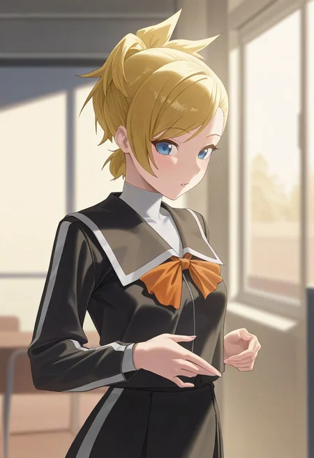 (best_quality, detailed, masterpiece, very_aesthetic, absurdres), general, m.q \(mqkyrie\), (zuharu:0.5)
BREAK
1girl, small breasts, upper_body, adult, ambient occlusion, ray tracing, shiny skin, blurry background, shadow
BREAK
l1s4p2, blonde hair, short hair, ponytail, blue eyes, black school uniform, long sleeves, orange ribbon, skirt, knee socks
