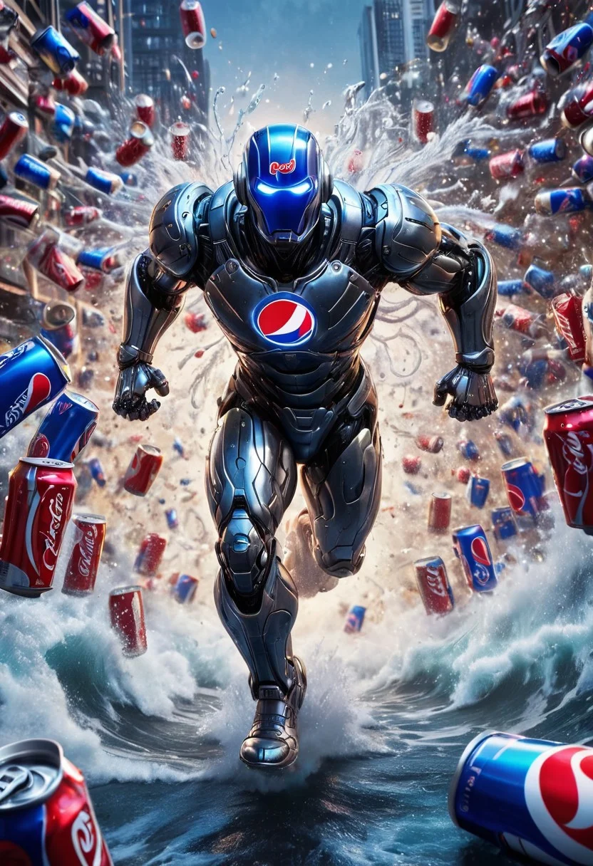 a close-up fantastical image of cyborg pepsiman running away from the waves of Pepsi cans, Big waves of Pepsi cans in the back, running action, running towards the viewer, from above view, motion blur, motion neon line, cyberpunk city, neon city, glowing, shiny, scifi, neon lights, intricate artistic color, cinematic light, radiant, vibrant, perfect symmetry, Grayscale, Dramatic spotlight, mid night, highly color focused, dynamic motion, 1 Big tall Pepsi can background, mad-hvybdyarmr,