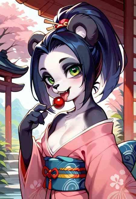 score_9, score_8_up, score_7_up, high detail, 4k, high resolution, best quality, kemono, 
Solo, 1girl, Japanese shrine, cherry blossom,
Li li stormstout, anthro panda, black fur, ponytail, black hair, green eyes, female, small breasts, smile, open mouth, kimono, exposed shoulder, close-up, dangling cherries, holding cherry stem, holding above head, licking cherries, side view, looking at viewer, head tilted back, teasing