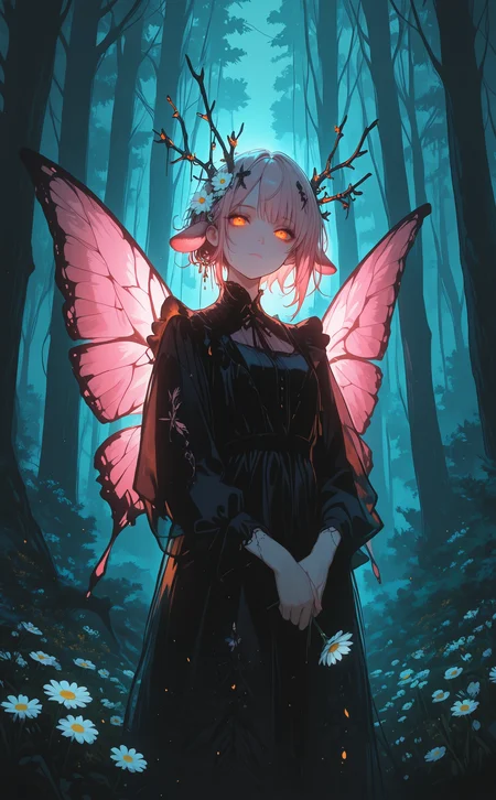 masterpiece, best quality, amazing quality, 1girl, solo, looking at viewer, short hair, hair ornament, red eyes, dress, holding, animal ears, closed mouth, standing, flower, outdoors, horns, wings, hair flower, tree, orange eyes, glowing, white flower, own hands together, nature, forest, holding flower, antlers, insect wings, butterfly wings, multicolored wings, daisy, pink wings, dark goth, <lora:noobai_ep11_stabilizer_v0.138_fp16:0.3> <lora:NOOB_vp1_detailer_by_volnovik_v1:0.3> <lora:ppw_v7_noobEv1.1:0.4> <lora:XXX667:0.4> <lora:rlly_00_v0.6:0.7> <lora:Dark_goth:0.8>