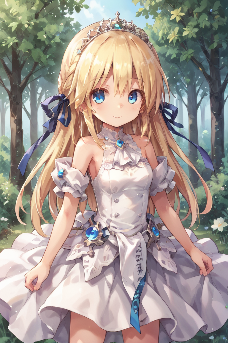 score_9, score_8_up, score_7_up, score_6_up, source_anime, BREAK, <lora:Yggdra:0.85> , yggdef, 1girl, blonde hair, long hair, blue eyes, hair ribbon, ascot, tiara, solo, smile, exterior, forest, cowboy shot, looking at viewer,  <lora:backgroundsetXL:0.3> , background,   <lora:Expressive_H:0.8> , expressiveh,  <lora:WD-XLPony_010:0.7> , white wedding dress, <lora:m0njy4XLP:0.7> , m0njy4,