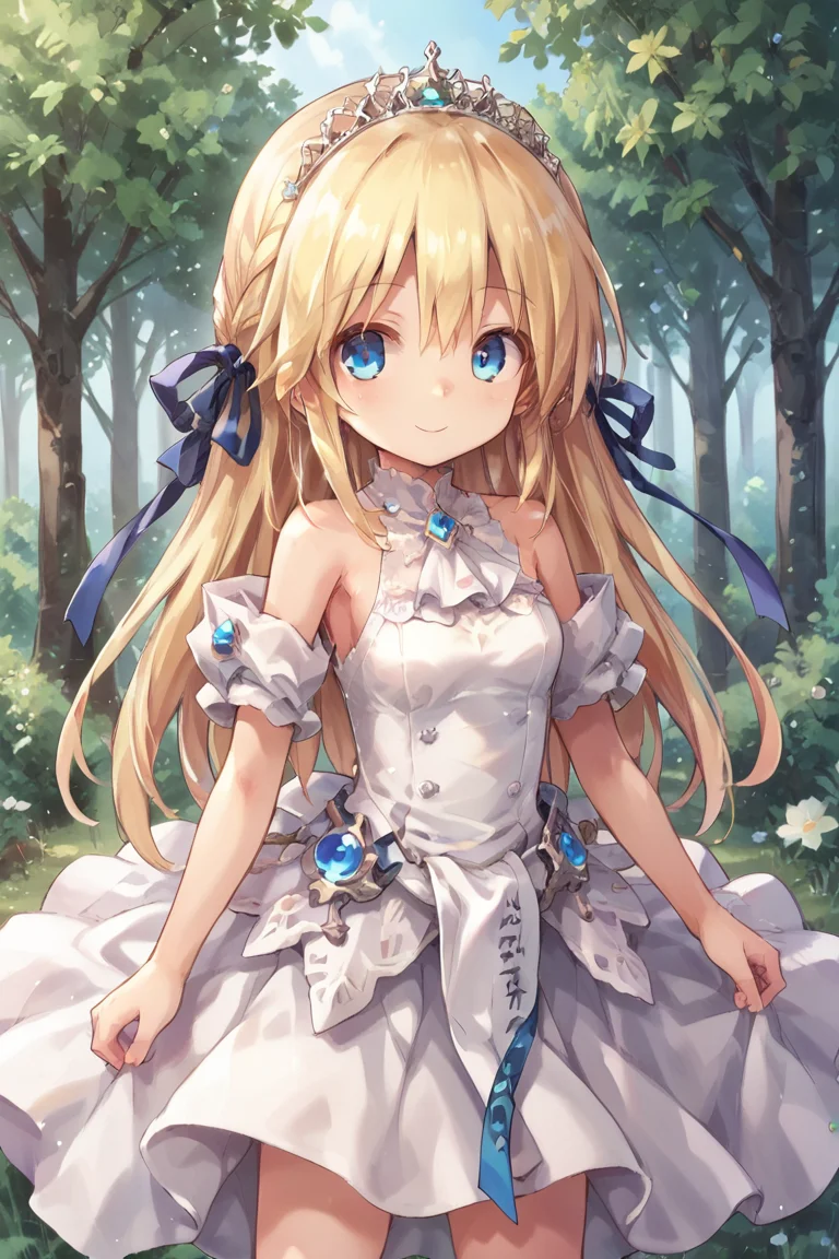 score_9, score_8_up, score_7_up, score_6_up, source_anime, BREAK, <lora:Yggdra:0.85> , yggdef, 1girl, blonde hair, long hair, blue eyes, hair ribbon, ascot, tiara, solo, smile, exterior, forest, cowboy shot, looking at viewer,  <lora:backgroundsetXL:0.3> , background,   <lora:Expressive_H:0.8> , expressiveh,  <lora:WD-XLPony_010:0.7> , white wedding dress, <lora:m0njy4XLP:0.7> , m0njy4,