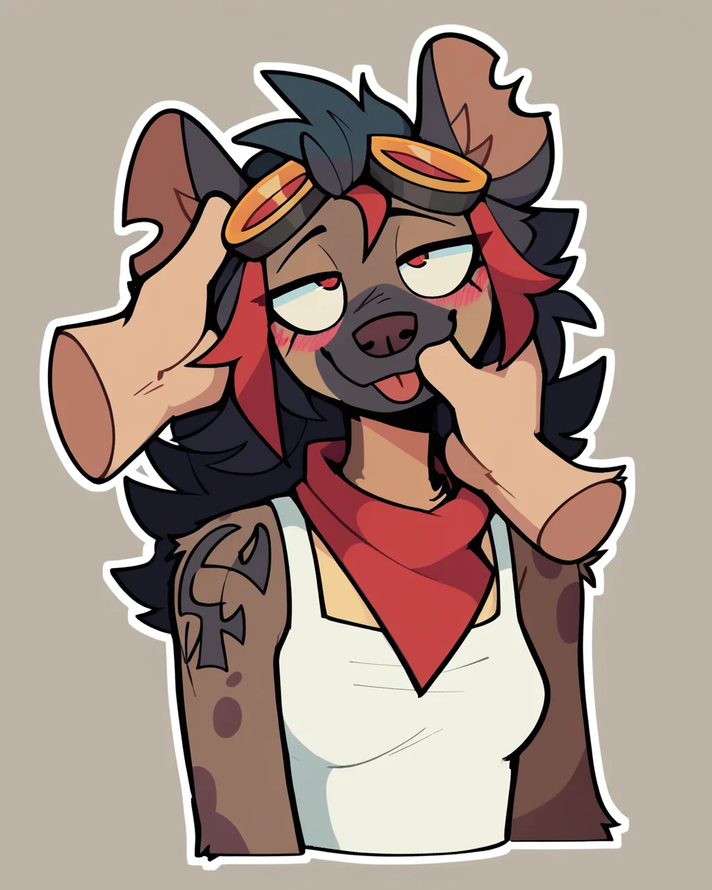 score_9_up, score_8_up, score_7_up, score_6_up, by remanedur, half-length portrait, black hair, red highlights, multicolored hair, medium breasts, furry female, red eyes, female, furry, hyena, looking up, happy, blush, smile white tank top, shoulder tattoo, long hair, markings, red neckerchief, shorts, midriff, tail, brown body, solo, narrowed eyes, disembodied hand, petting, petting head, head pat, blep, tongue out,  goggles on head, smile, notched ear,  three-quarter view, head tilt, simple background, white outline, <lora:Leah_Pines(AIM)_XL_v1:0.15> <lora:PDXL_artist_tags_v2_big:0.5> <lora:The-Minuscule-Task_PDXL_v1.0:0.6>  <lora:Robin_zorronine:0.55>