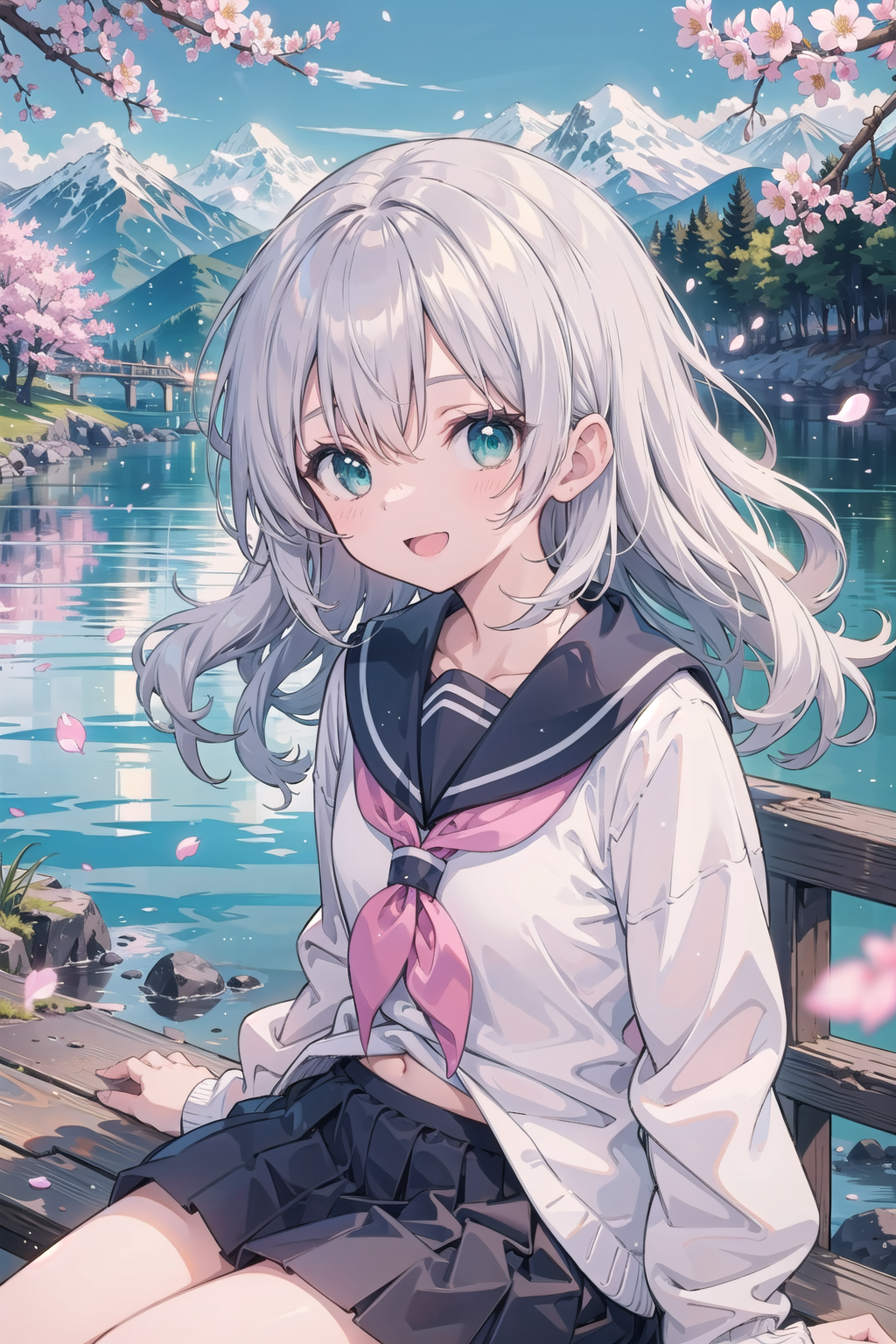 (masterpiece),  scenery,  mountainous horizon,  cherry blossoms,  petals,  light particles,  upper body,  1girl,  sailor,  wavy hair,  floating hair,  smile,  sitting,  open mouth,  light particles,  silver hair,  aqua eyes,  looking at viewer,  face focus