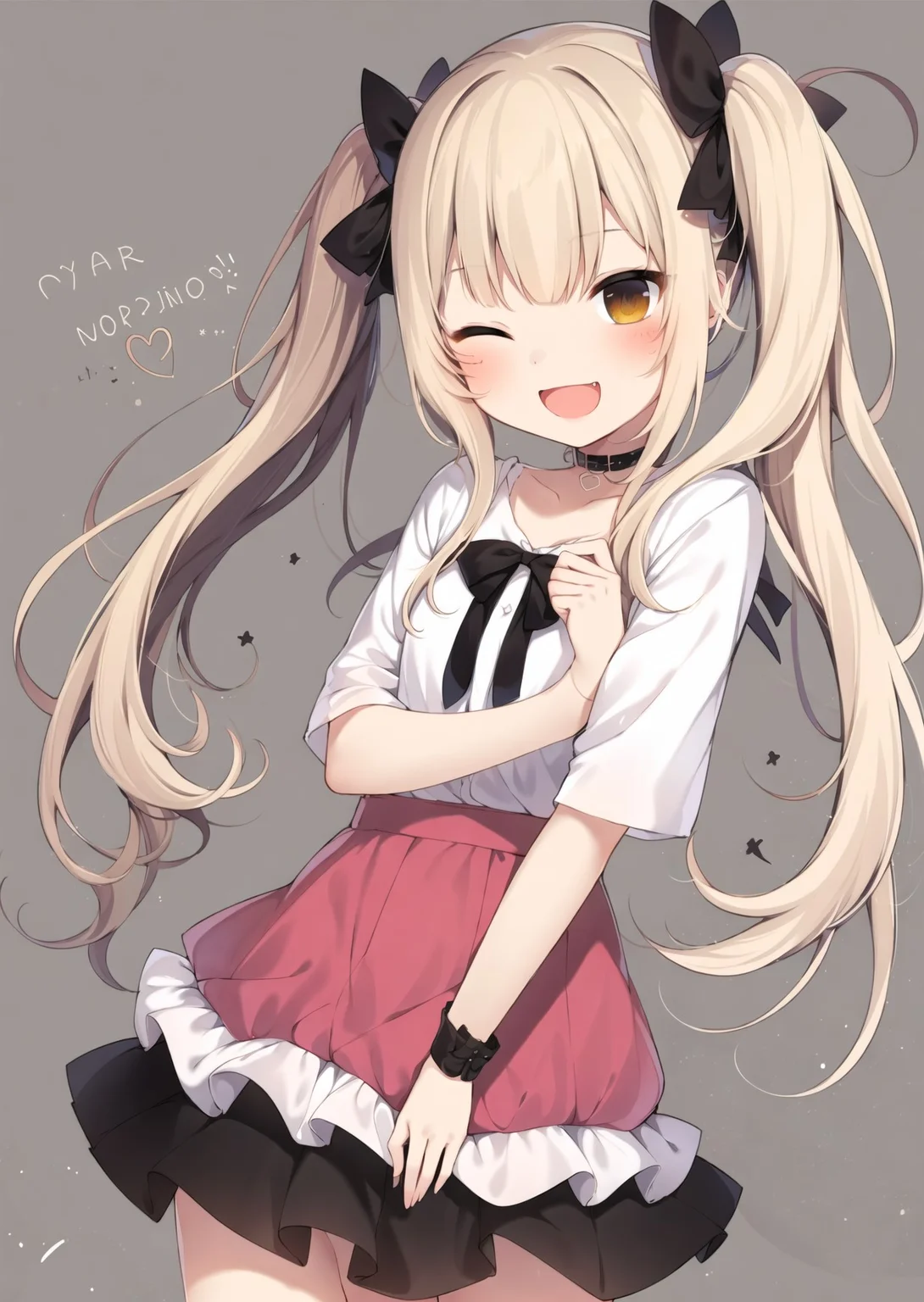 1girl, solo, one eye closed, twintails, open mouth, long hair, ;d, smile, brown eyes, blonde hair, skirt, looking at viewer, hair ribbon, hair ornament, ribbon, bow, choker, heart, blush
<lora:amaki_natsuki-loha-v1.0:0.7>, (masterpiece,best quality)