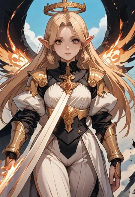 This high-quality digital artwork depicts a fierce, armored female warrior angel with long, flowing golden hair, holding an intricate glowing, ruined yellow long sword. She has large, black wings and is clad in intricately designed, dark metal armor that covers her torso and arms. Her expression is determined and powerful. The background features a sky high dark tower with a bizarre and horrifying architecture. The camera angle is low, looking up at the female warrior angel, emphasizing her imposing presence. The depth of field is shallow, keeping her in sharp focus while the background is slightly blurred. The overall aesthetic quality is very high, showcasing excellent use of lighting and composition.