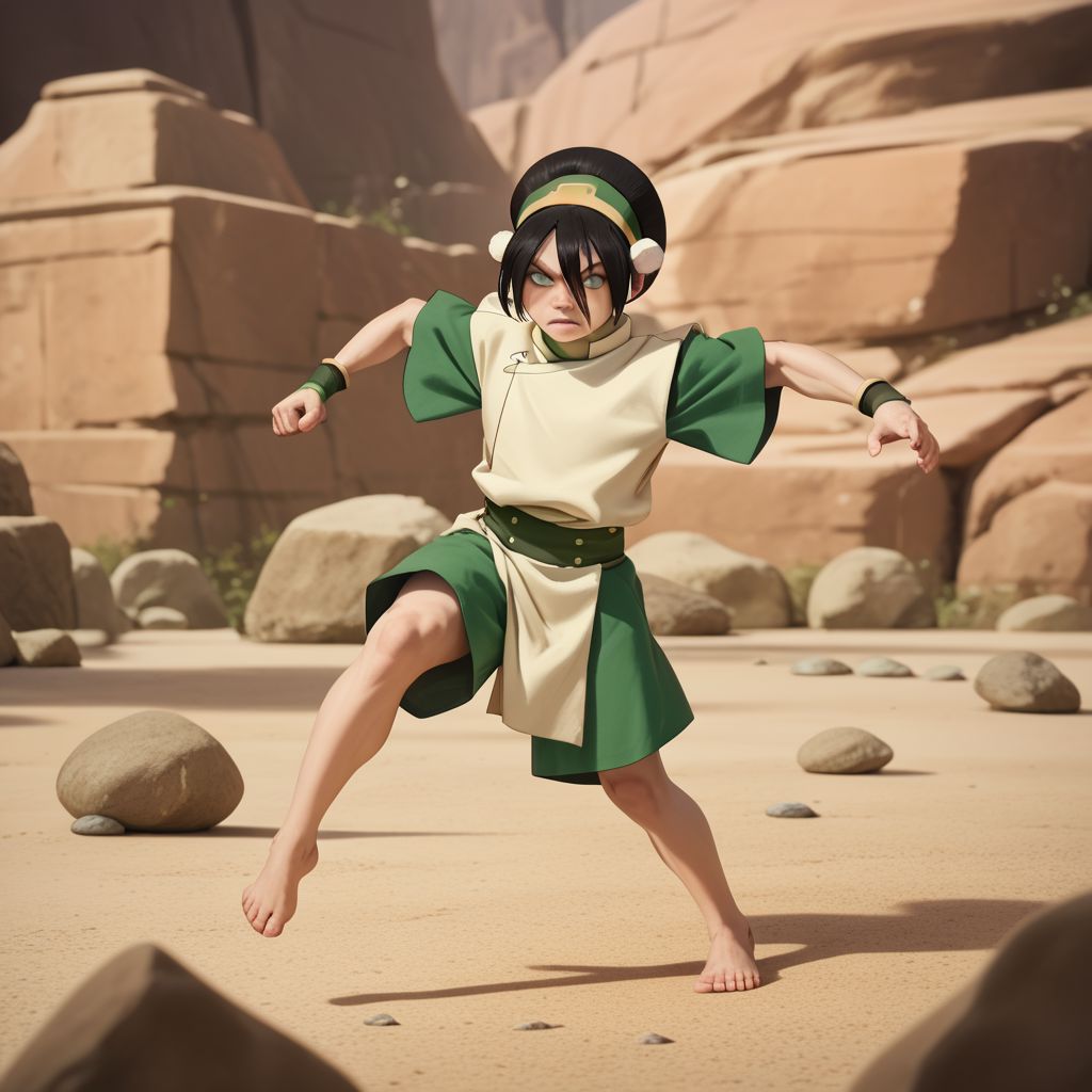 score_9, score_8_up, score_7_up, score_6_up, score_5_up, score_4_up, 1girl, Toph, blind, fighting stance, surrounded by floating rocks, flying rocks, barefoot, rocky terrain