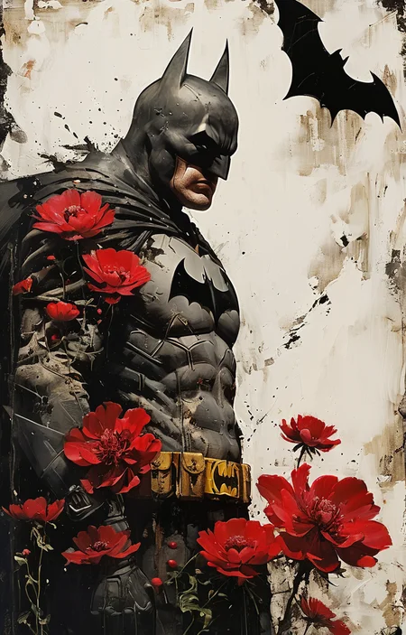 masterpiece,best quality,<lora:tbh223-sdxl:0.9>,illustration,style of Greg Capullo,batman,  decaying peonies