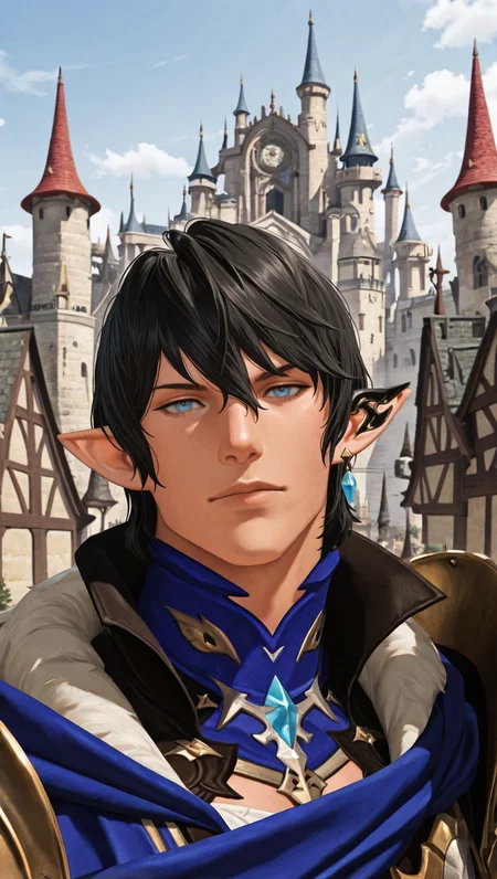 masterpiece,best quality,absurdres,newest,perfect quality,best quality,absolutely eye-catching,detailed background,male focus,solo,realistic,<lora:FFXIV - Aymeric de Borel - Illustrious-000006:0.7>,seraymeric,1boy,elezen,adult male,black hair,short hair,blue eyes,single ear cuff,single earring,blue hooded robe,pauldrons,outdoors,town,castle,upper body,head tilt,looking at viewer,portrait,