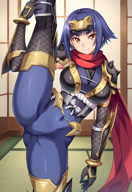 score_9, score_8_up, score_7_up, source_anime, masterpiece BREAK ct_k4guya, blue hair, short hair, large breasts, forehead protector, red scarf, blue bodysuit, armor, obi, shoulder armor, fishnets, elbow gloves, vambraces, greaves, looking at viewer, indoors, japanese home, cowboy shot, smile, standing split, standing on one leg, tabi,<lora:Kaguya_OnnaKanbu_Pony_ct:0.9>