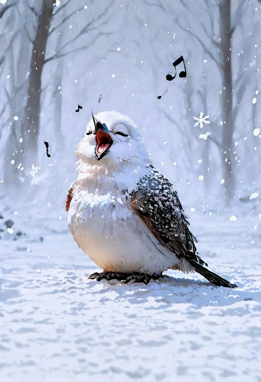 no humans, bird, animal focus, general,
closed eyes, open mouth,
(musical note:1.3), singing,
winter, snowing, snow, snowflakes,
depth of field, photo \(medium\),
best quality, very awa, highres, newest