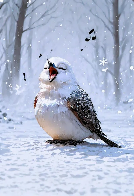 no humans, bird, animal focus, general, 
closed eyes, open mouth, 
(musical note:1.3), singing,
winter, snowing, snow, snowflakes, 
depth of field, photo \(medium\), 
best quality, very awa, highres, newest