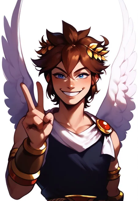 score_9, score_8_up, score_7_up, ExpresHGothicNeonIncase, masterpiece, solo, 1boy, mature man, adult, pitt, brown hair, blue eyes, wings, angel wings, laurel crown, bracer, looking at viewer, upper body shot, happy smile, peace sign