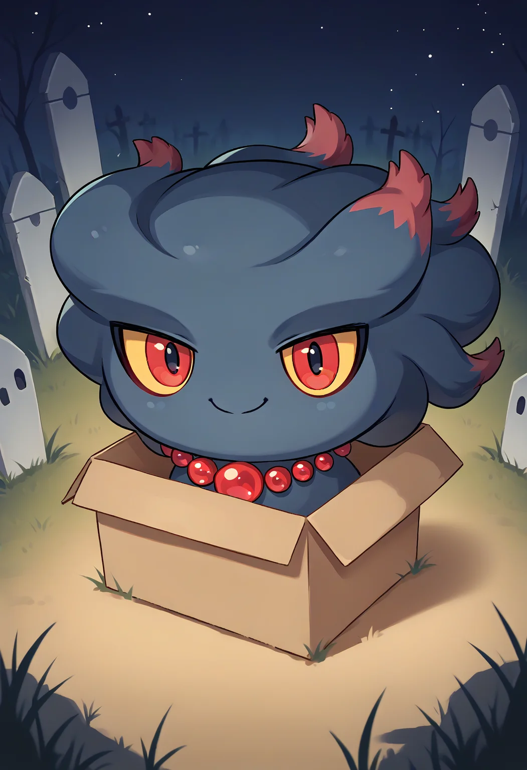score_9, score_7_up, source_anime, closed mouth, smile, <lora:boxed_potat_v1:1> b0xe, chibi, in box, <lora:MisdreavusPKMN-pdxl:1> misPKMN, pokemon \(creature\), ghost, no humans, yellow sclera, red eyes, bead necklace, graveyard, night