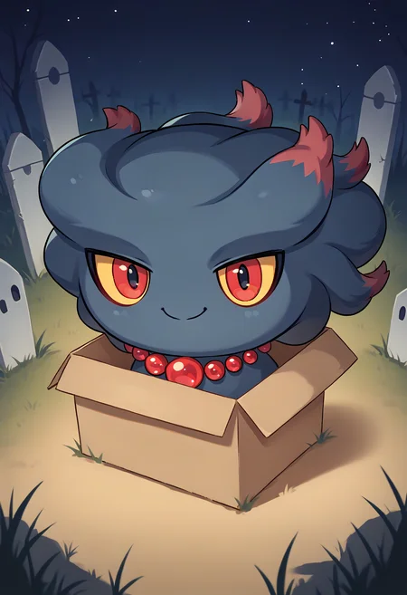 score_9, score_7_up, source_anime, closed mouth, smile, <lora:boxed_potat_v1:1>  b0xe, chibi, in box, <lora:MisdreavusPKMN-pdxl:1> misPKMN, pokemon \(creature\), ghost, no humans, yellow sclera, red eyes, bead necklace, graveyard, night