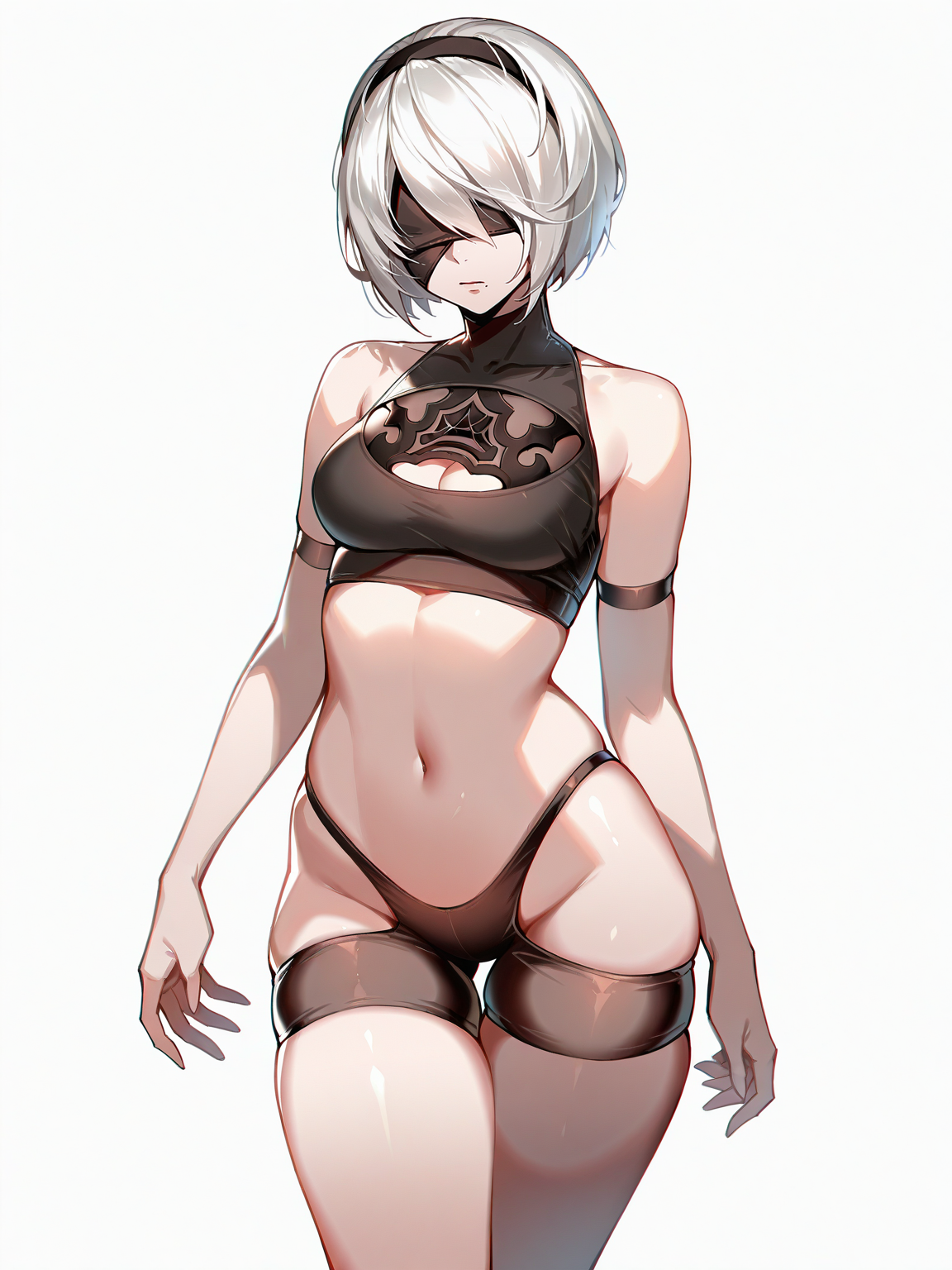 <lora:Clothing_TBackShorts-IL:0.8> <lora:Nier_YorhaN2-IL:0.8> 1girl, solo, white hair, hairband, nier2bdef, hair over one eye, sports bra, tbackspats, navel, skindentation, standing, white background, masterpiece, best quality, detailed, highres, newest, recent, very as2, very awa