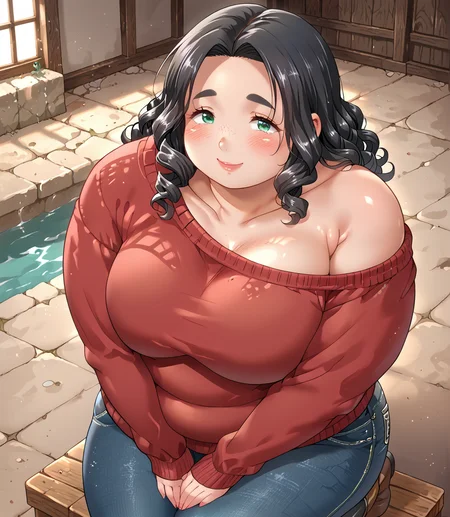 PonyScores7, source_anime, ah1, BREAK 1girl, (curly hair), long hair, (black hair:1.3), mature female, (parted hair:1.7), (round face:1.2), (thick eyebrows), (curvy), round-chin, (greenish hazel eyes), caucasian, (downturned eyes:1.2), (plump face), <lora:ETO_OCPonyXL:0.5> eto_oc, skindentation, (plump), thick thighs, wide hips, busty, voluptuous, kinky curls, lips, <lora:venus body PonyXL:0.4>, (shy, blush, smile, friendly), (Resting on a boulder, looking out into the distance with a sense of wonder), (Peachy Pink maroon off-shoulder sweater with dark wash jeans and over-the-knee boots), BREAK <lora:xl_more_art-full_v1:0.2>, <lora:shinyskin2:0.2> glistening skin, <lora:aesthetic_anime_v1s:0.2>, <lora:Expressive_H:0.2> Expressiveh, <lora:hairdetailpxl:0.2> hairdetailpxl, <lora:EpicF4nta5yXL:0.2>, <lora:detailxl:0.2> detailxl, <lora:Fant5yP0ny:0.2>, best quality, amazing quality, best aesthetic, absurdres, <lora:expressive eyes:0.2> expressive eyes, <lora:eyedetailpxl:0.2> eyedetailpxl, illustration, Volumetric_Lighting, ultra-detailed, very aesthetic, intricate details, 8k, masterpiece, best_quality, BREAK (High Angle view medium Close shot), BREAK <lora:Eyes_High_Definition:0.3> EyesHD, Stable_Yogis_PDXL_Positives, AS-Adult, <lora:Complicated fantasy portrait - XL Pony V2.0:0.4>, bad-hands-5, <lora:takeyama_shimeji_style:0.8> <lora:Akina_Bbw_Style_-_PonyXL:0.5> AkinBw