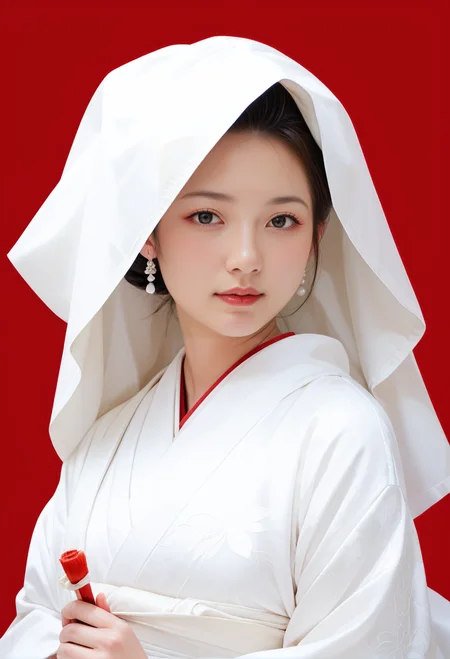 score_9,score_8_up,score_7_up,8k,red background,,ruanyi0721,bride,white kimono,hood up,japanese clothes,<lora:0721 Shiromuku_v1_pony:1>