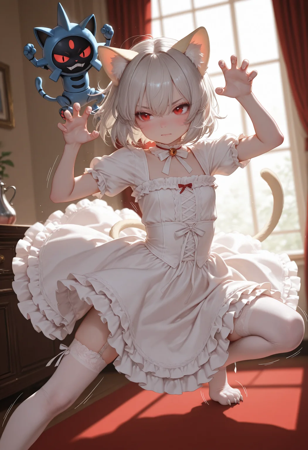1girl,cat_girl,silver_hair,red_eyes,cat_ears,cat_tail,white_stockings,lolita_dress,astrbot,evolving,persian \(pokemon\),fury_swipes,battle_stance,claws_extended,motion_lines,
jima,(asakuraf:0.6),(novelance:0.3),(agm:0.1),Bbolalus,Miyuki \(miyuki0529\),(kedama milk:0.8),
masterpiece,best quality,amazing quality,very awa,absurdres,newest,very aesthetic,depth of field,highres,
