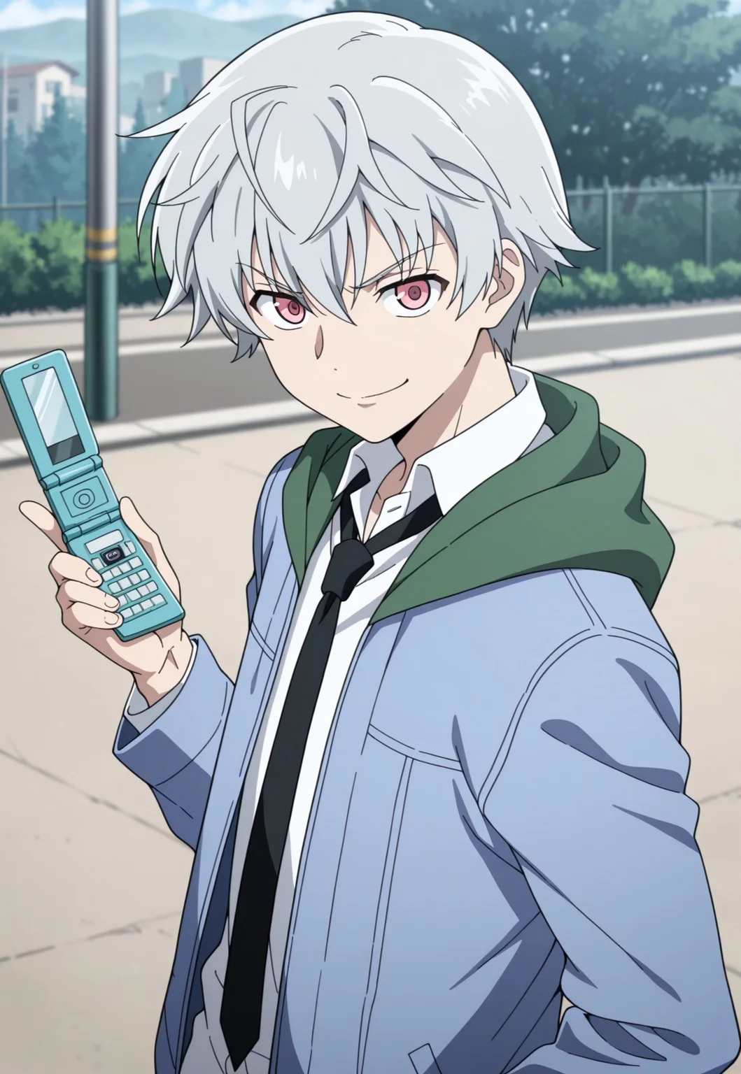 masterpiece,best quality,amazing quality, source_anime,
aruakise, 1boy, male focus, solo, pink eyes, grey hair, shirt, white shirt, collared shirt, black necktie, jacket, blue jacket, green hood, open jacket, flip phone, outdoor, at viewer, smile, determined,