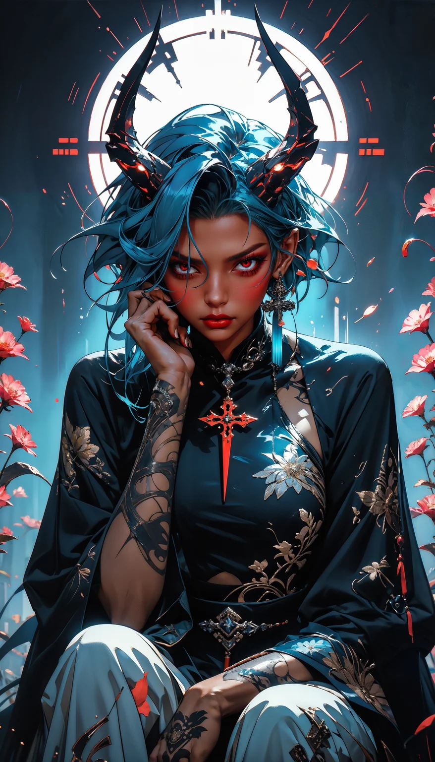 score_9, score_8_up, score_7_up, score_6_up, score_5_up, score_4_up, source_anime, Best quality, neon light, a beautiful girl wearing intricate detailed black kimono holding an iridescence glowing katana, made of liquid metal, in a fantasy art style, with long dark blue hair, sitting on the ground covered in bioluminescence floral, with a highly detailed face and beautiful eyes <lora:Expressive_H-000001:0.6>, expressiveH <lora:g0th1cPXL:0.4> <lora:incase_style_v3-1_ponyxl_ilff:0.3> <lora:sinfully_stylish_SDXL:0.4>