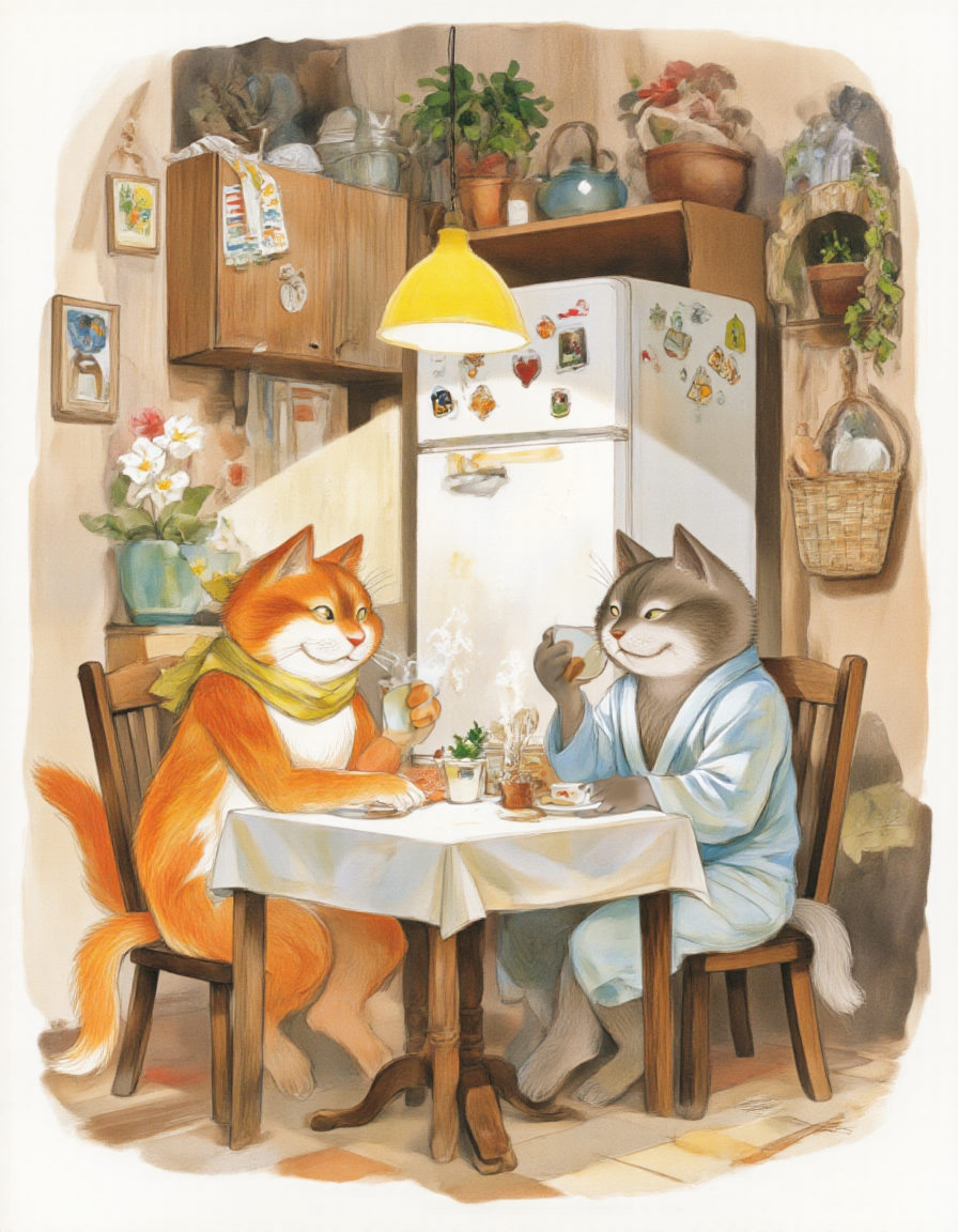 <lora:chizhic:1>,This is a colorful, detailed digital illustration featuring two anthropomorphic cats in a cozy kitchen setting. The cat on the left is orange with a white chest and tail tip, wearing a yellow scarf. The cat on the right is gray with a white chest and tail tip, dressed in a light blue bathrobe. They are seated at a small wooden table, each holding a cup of tea or coffee and a plate with food, engaging in a conversation. The table is set with a white tablecloth, and there are two small pots of flowers on the table.
The background reveals a warm, inviting kitchen. To the left, there is a white refrigerator adorned with magnets and pictures. On the counter to the right, there are a few pots, a potted plant, and a green tea kettle. Above the table, a yellow pendant lamp casts a soft light, illuminating the scene. The walls are painted a light brown, and there is a shelf with more potted plants and a few books. A woven basket filled with more plants sits to the right of the shelf. The overall atmosphere is homely and cheerful, with a sense of warmth and companionship.