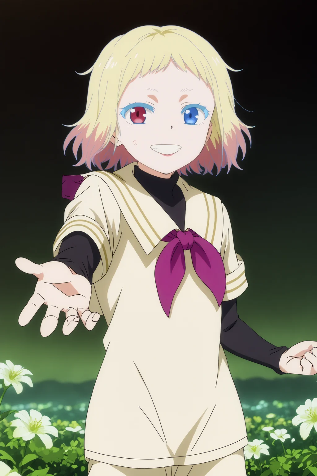 awano kotobuki,1girl,solo,smile,heterochromia,blonde hair,purple eyes,short hair,looking at viewers,gradient hair,facial mark,neckerchief,shirt,school uniform,sailor colla,short over long sleeves,layered sleeves,purple neckerchief,standing,reaching,cowboy shot,close-up BREAK outdoors,blue sky,white flower,field <lora:Awano_Kotobuki_-_Wonder_Egg_Priority.safetensors:0.8> <lora:detailed_backgrounds_v2.safetensors:0.5>