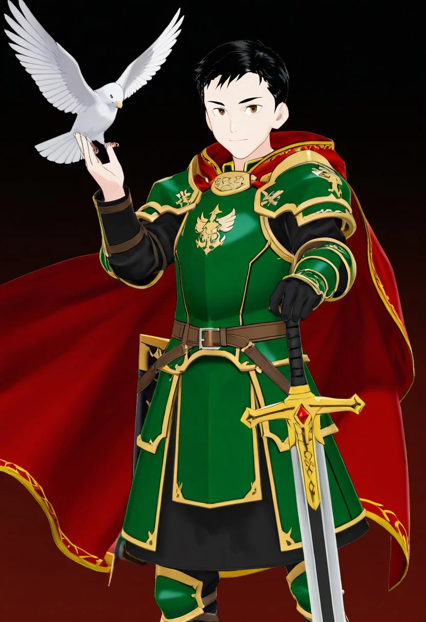harmard, black hair, short hair, brown eyes, 1boy, solo, solo focus, young, youthful, he is dressed in a suit of dark iron platemail. Break. his right hand is holding up a black coloured sword, Properly holding the sword by the hilt, right hand up, brandishing a sword, his armour bears a crest of a yellow dove. fantasy armour. stylized silver dove emblems and symbols on armour and sheild. Break. epic background is a a beautiful palace. a strong wind is blowing his cape, green coloured armour, ready to fight pose, dawn sky in the background