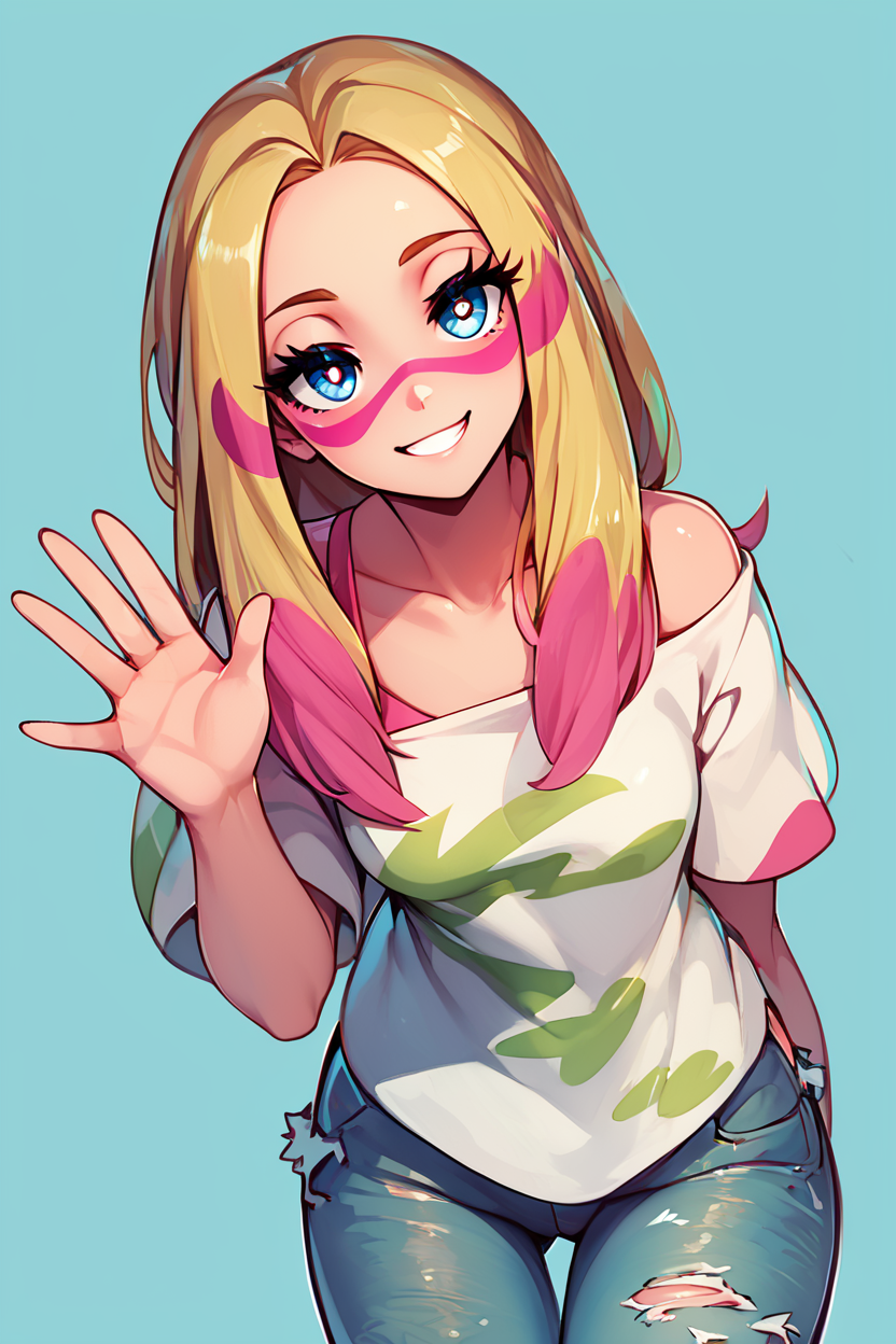 score_9, score_8_up, score_8, medium breasts, (curvy), cute, eyelashes,       BREAK, , zzMina,  long hair, eyelashes, half-closed eyes, facepaint,  collarbone, white shirt, oversized shirt, off shoulder, short sleeves, torn clothes, torn pants, jeans, <lora:Mina_Pokemon_PDXL_Citron:0.8>, , BREAK, looking at viewer,  smile, waving, upper body, leaning forward, head tilt,  embedding:zPDXL, Expressiveh, <lora:CatalystStylePDXL:0.6>,  <lora:SDXLFaeTastic2400:0.5>,  <lora:Expressive_H-000001:0.4>,