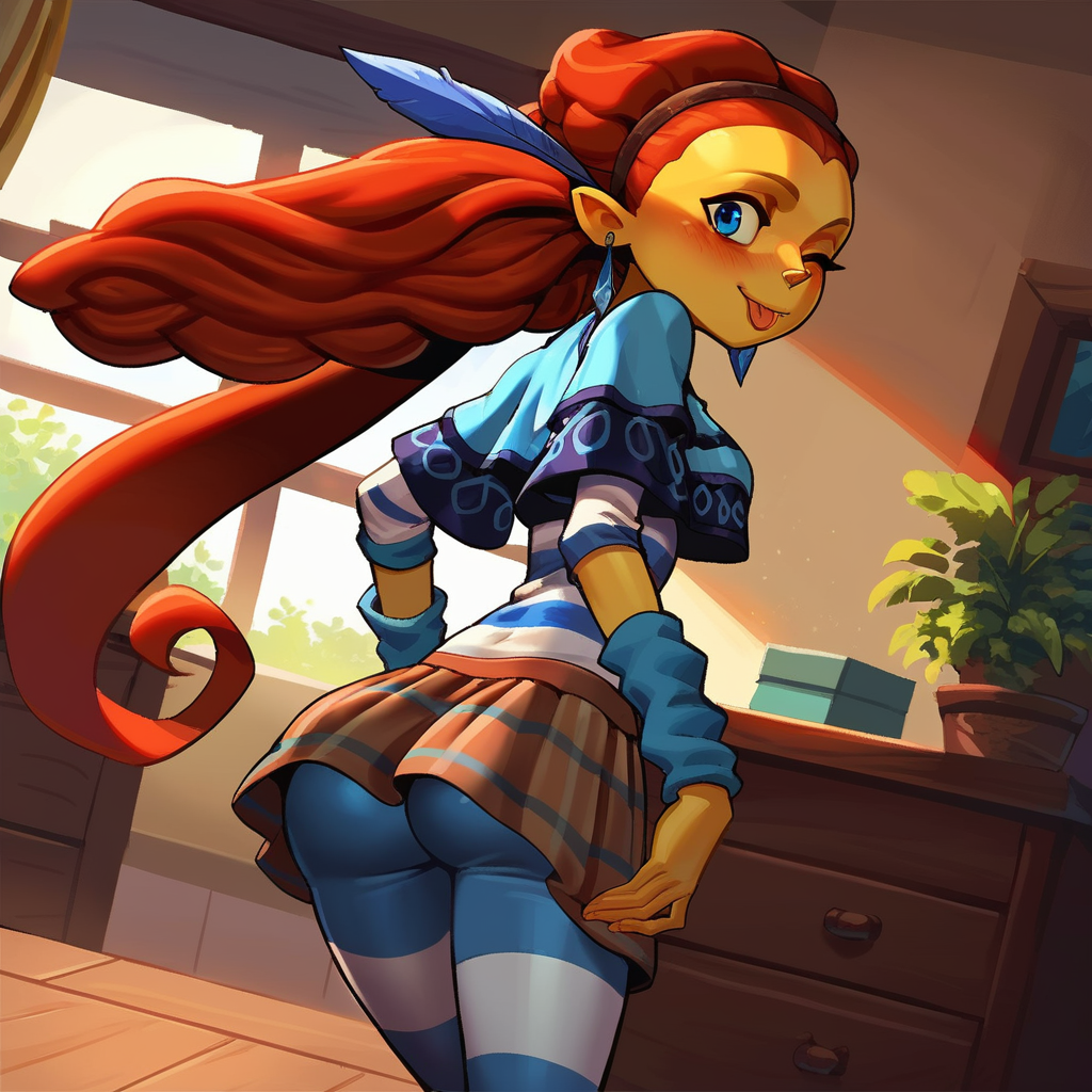 score_9, score_8_up, score_7_up, score_6_up, frazie aquato, 1girl, solo, colored skin, yellow skin, (yellow nose), blue eyes, eyeliner, hairband, dark red hair, twintails, single hair braid, long braid, blue scrunchie, feather accessory, earring, arm warmer, bracelets, blue poncho, swirl pattern, striped shirt, blue and white shirt, dotted sleeves, brown skirt, striped skirt, pantyhose, striped pantyhose, blue and white pantyhose, adult,  (young adult woman), woman, (very sexy), sexy, solo focus, smile, blush, cowboy shot, (dynamic pose:1.1), cute, sexy pose, dynamic angle, dutch angle, one eye closed, very happy, tongue, tongue out, leaning forward, ((from behind, ass focus, soft ass:1.1)), (grabbing her own ass), detailed background, ((bedroom)), indoors, back view,  <lora:Frazie_Aquato_Psychonauts_2_-_PonyXL:0.6>   <lora:d3p1x3lXLP:0.6> <lora:incase-ilff-v3-4:0.7>