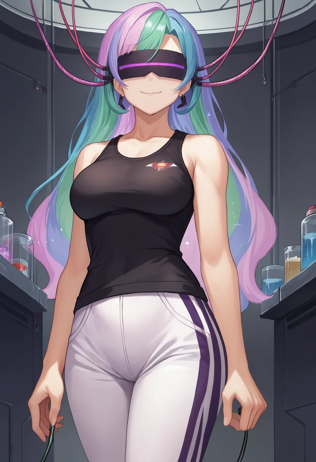 zPDXL, source_anime,
human celestia, track pants, black shirt,
evil smile, evil, closed mouth, 
standing, cowboy shot, evil visor, purple visor, 1girl, wire visor,
laboratory,
 <lora:evil-visor-006:0.8>