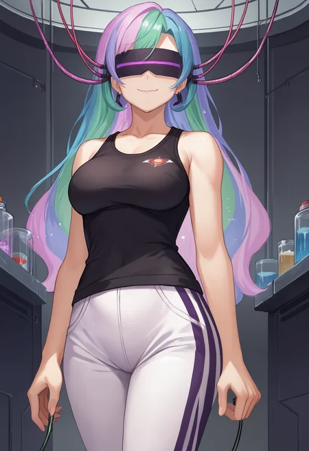 zPDXL, source_anime,
human celestia, track pants, black shirt,
evil smile, evil, closed mouth,
standing, cowboy shot, evil visor, purple visor, 1girl, wire visor,
laboratory,
<lora:evil-visor-006:0.8>