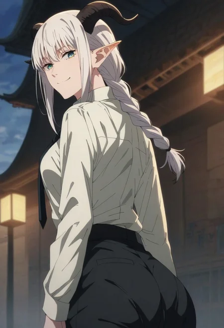 score_9, score_8_up, score_7_up, BREAK 1girl, solo, MiavtSDXL, short hair, blue eyes, hair between eyes, medium breasts, ponytail, (white hair:1.1), ((white hair)) ((black horns)), pointy ears, goat horns, double pigtail, BREAK makima_v1, 1girl, ringed eyes, braided ponytail, solo, black necktie, shirt, collared shirt, black_pants, break temple, city, japan - 1girl, mak1ma0, long braid, ringed eyes, ((blue eyes)), ((big ass)) ((from rear)) ((from below)), looking down at viewer, smug smile, large ass, blue eyes