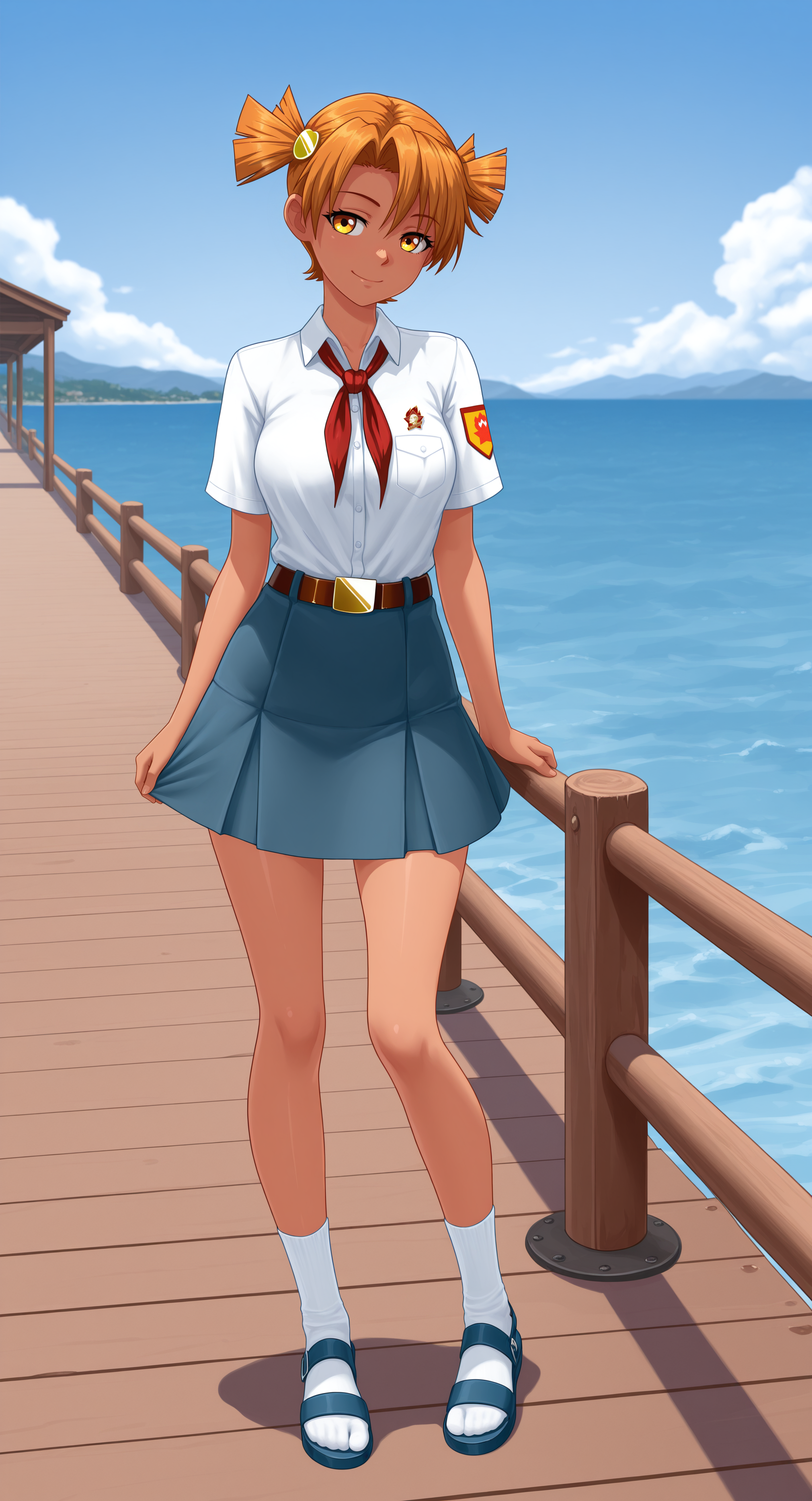 masterpiece, best_quality, amazing_quality, AliceES, 1girl, short_hair, short_twintails, hair_ornament, looking_at_viewer, closed_mouth, smile, medium_breasts, white_shirt, collared_shirt, pioneer_neckerchief, red_neckerchief, breast_badge, short_sleeves, brown_belt, brass_buckle, blue_skirt, white_socks, blue_footwear, sandals, dark_skin, standing, full_body, outdoors, pier, blue_sky, <lora:Alice_ES_V1(IL):0.8>