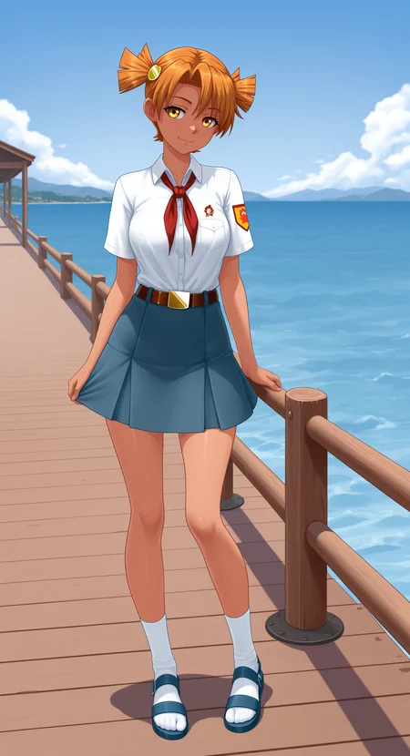 masterpiece, best_quality, amazing_quality, AliceES, 1girl, short_hair, short_twintails, hair_ornament, looking_at_viewer, closed_mouth, smile, medium_breasts, white_shirt, collared_shirt, pioneer_neckerchief, red_neckerchief, breast_badge, short_sleeves, brown_belt, brass_buckle, blue_skirt, white_socks, blue_footwear, sandals, dark_skin, standing, full_body, outdoors, pier, blue_sky, <lora:Alice_ES_V1(IL):0.8>