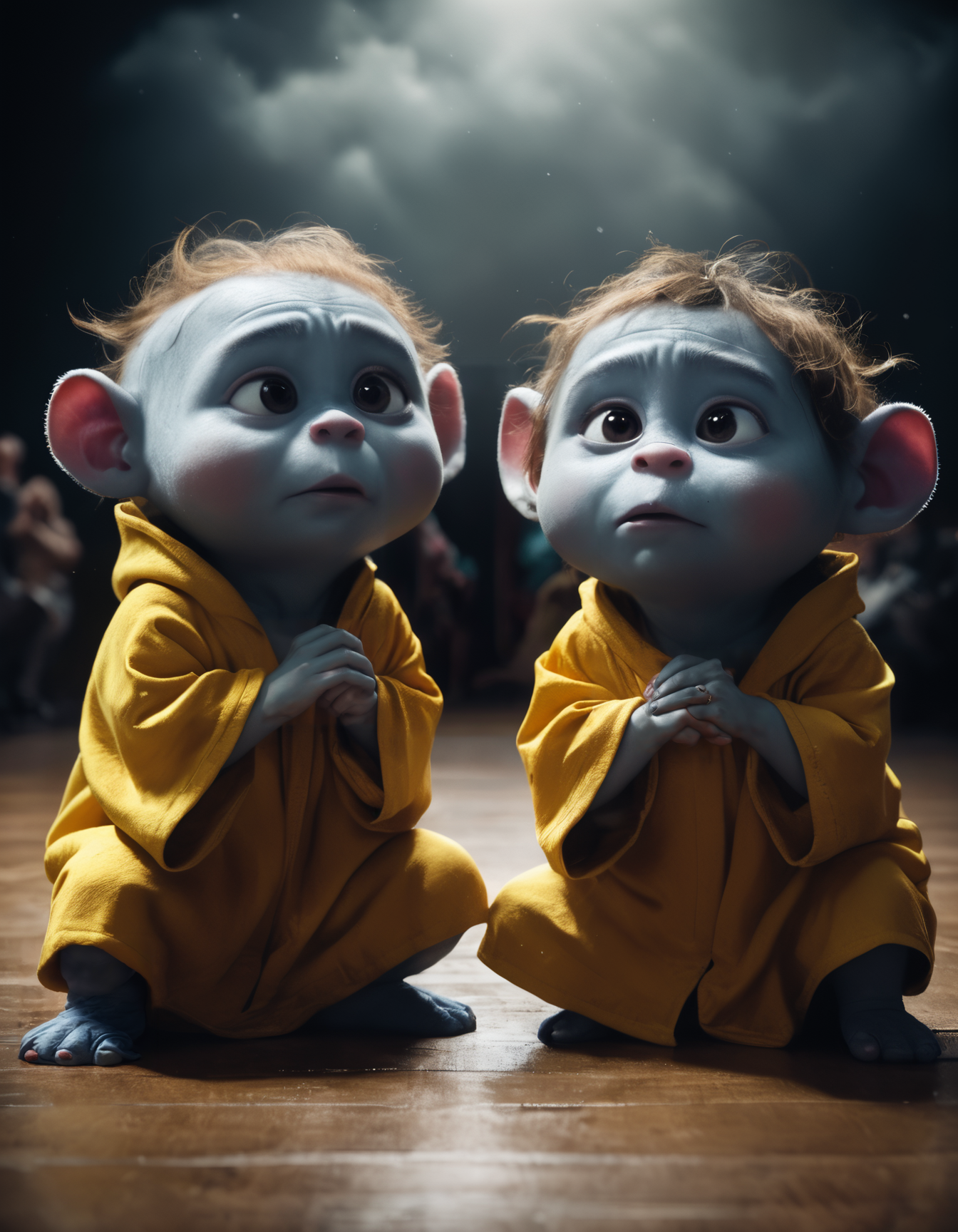 (designed by Huang Guangjian:1.0) and (E. H. Shepard:1.0) , whimsical art, RAW photo, Vector Art, Raw digital photo, Monstrous Grouchy large (Twins:1.2) , they are very bored, they are Singing in a choir, Kneeling, they have a Mustard Circlet, Stormy weather, Sharp and in focus, Light and shadow plays, Cinestill, Kodak portr400, 50mm, Pixabay