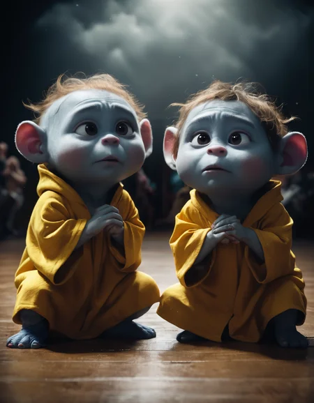 (designed by Huang Guangjian:1.0) and (E. H. Shepard:1.0) , whimsical art, RAW photo, Vector Art, Raw digital photo, Monstrous Grouchy large (Twins:1.2) , they are very bored, they are Singing in a choir, Kneeling, they have a Mustard Circlet, Stormy weather, Sharp and in focus, Light and shadow plays, Cinestill, Kodak portr400, 50mm, Pixabay